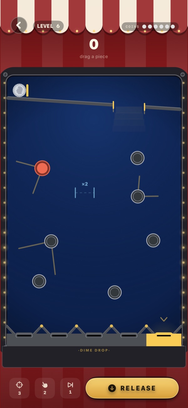A board mid-puzzle: pins and bumpers on drawn tracks above six slots, one lit.