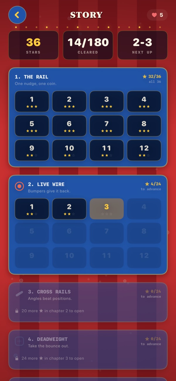 The Story map, showing chapters of levels with star ratings.