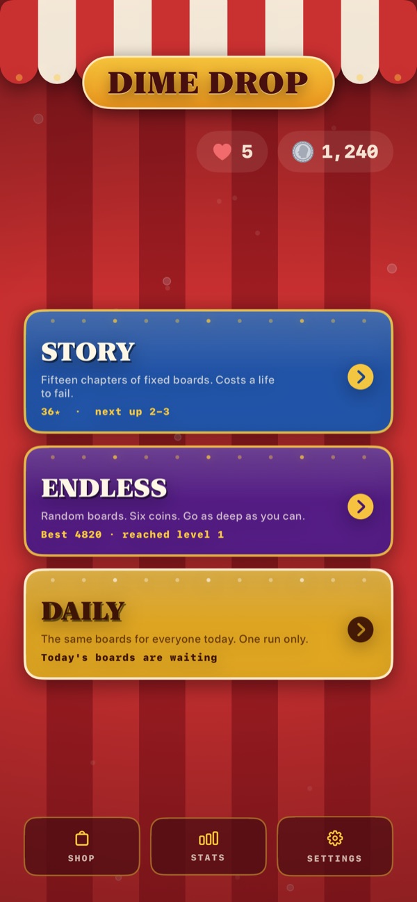 The main menu with Story, Endless and Daily.