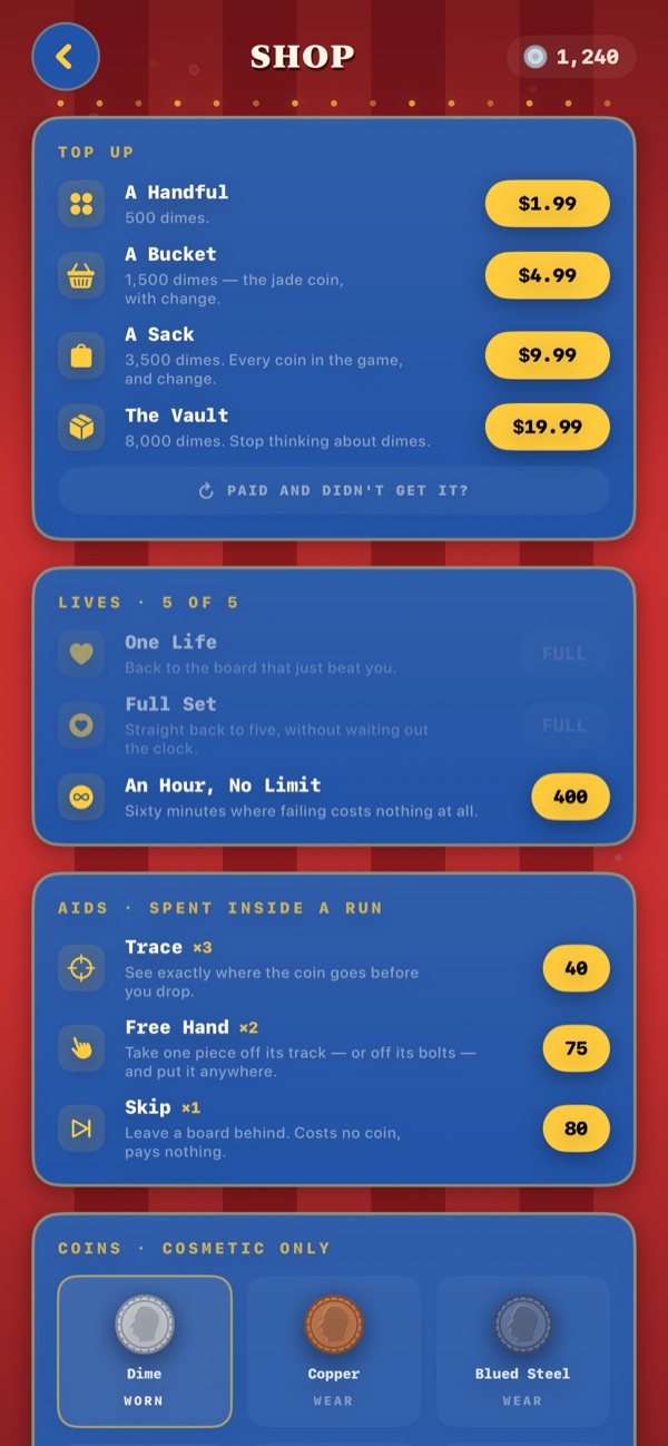 The shop, showing dime packs and items priced in dimes.